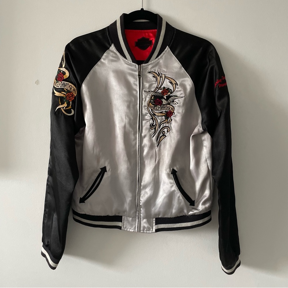 1 of 1 reworked reversible silk custom motorcycle bomber varsity jacket size s/m